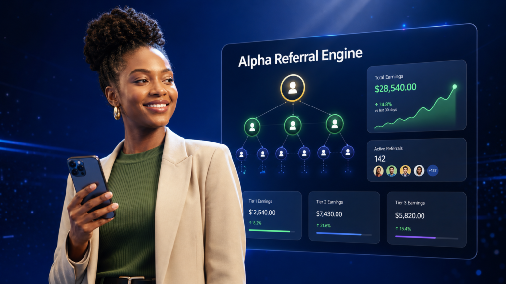 Woman in front of alpha referral engine